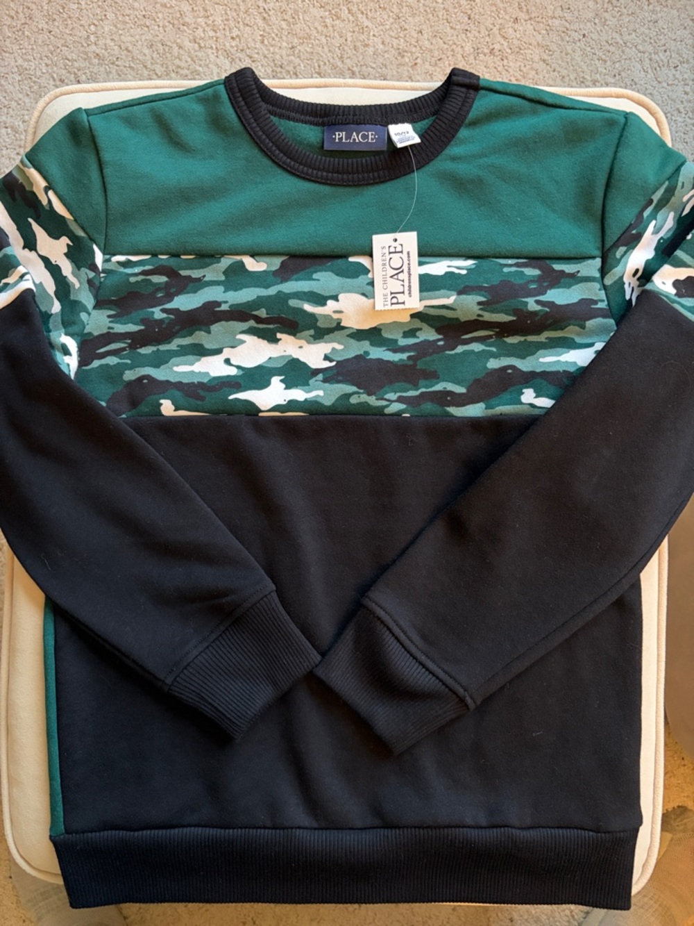The Children's Place Green & Black Camo Panel Crew Sweatshirt NWT
